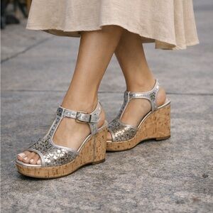 Antonio Melani Metallic Silver Floral Cutout Cork Wedge Sandals Size 6.5 Cottage